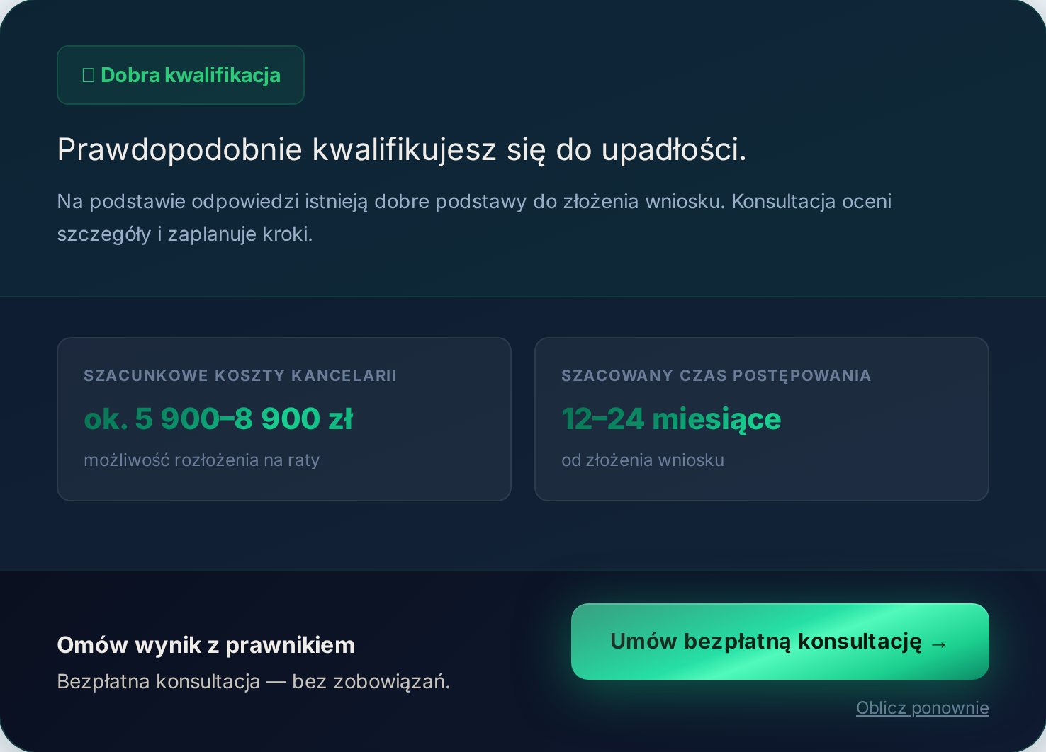 Wynik kalkulatora — szacowany koszt i czas postępowania