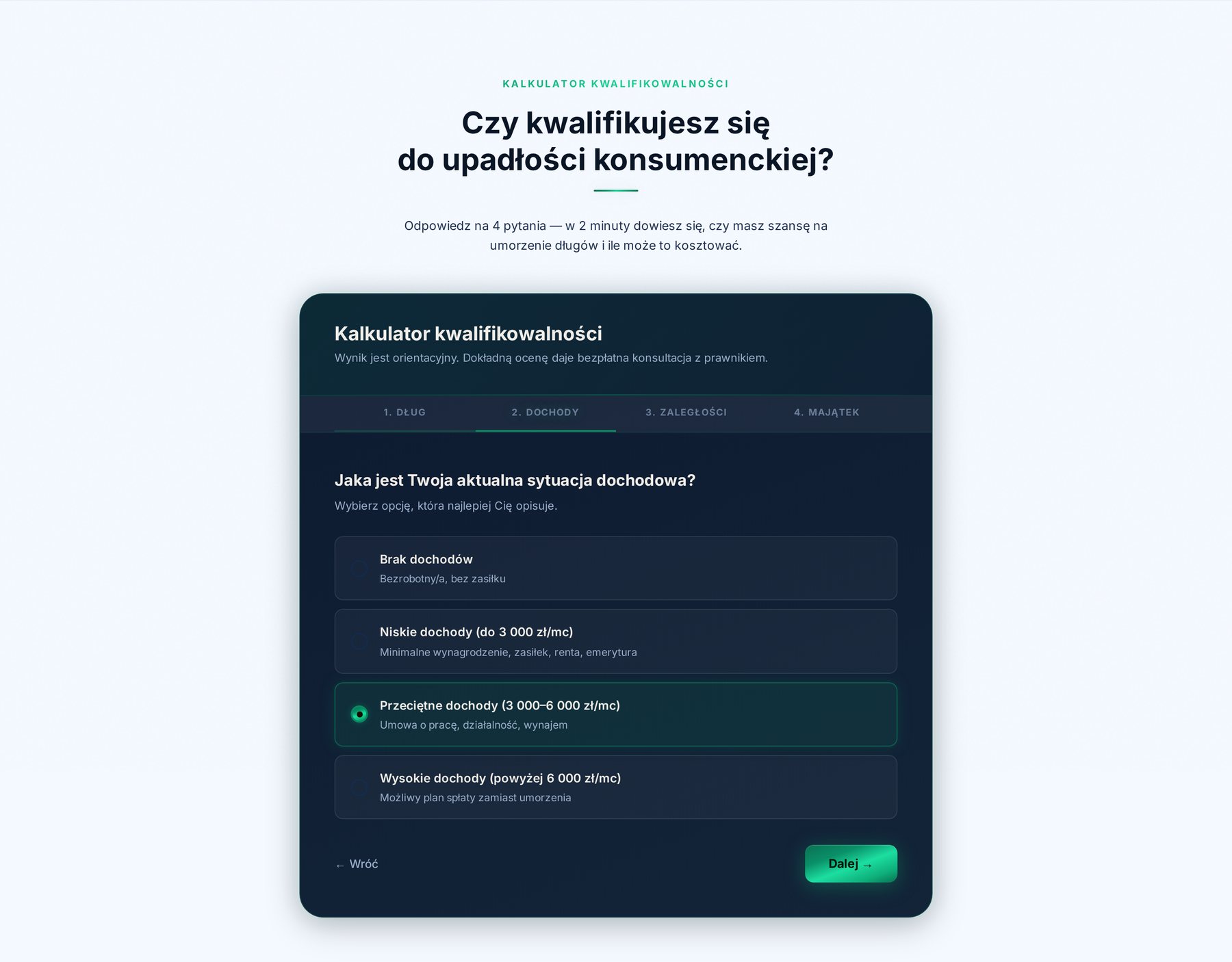 Krok kalkulatora kwalifikowalności — wybór sytuacji dochodowej