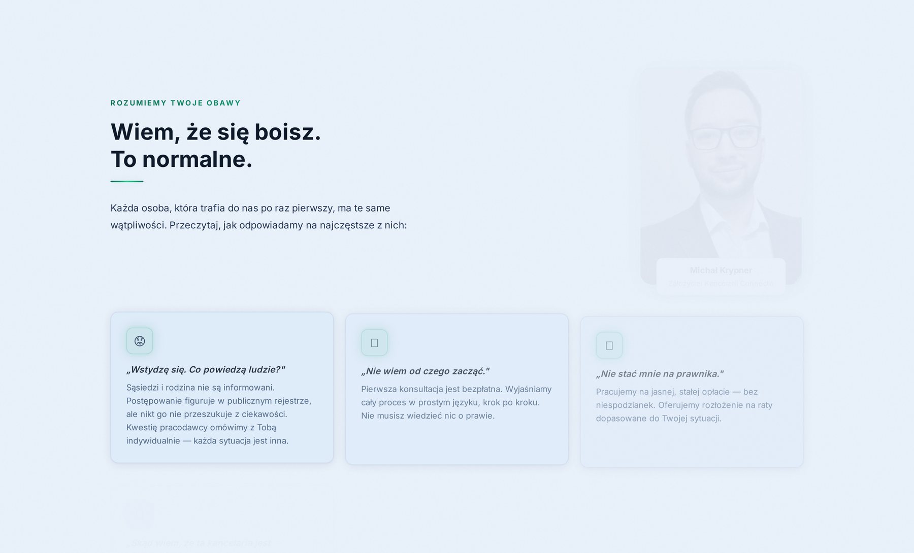 Sekcja adresująca obawy klientów — 'Wiem, że się boisz. To normalne.'