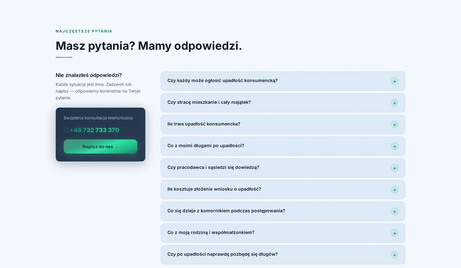 Akordeon najczęstszych pytań (FAQ) na stronie Connecto