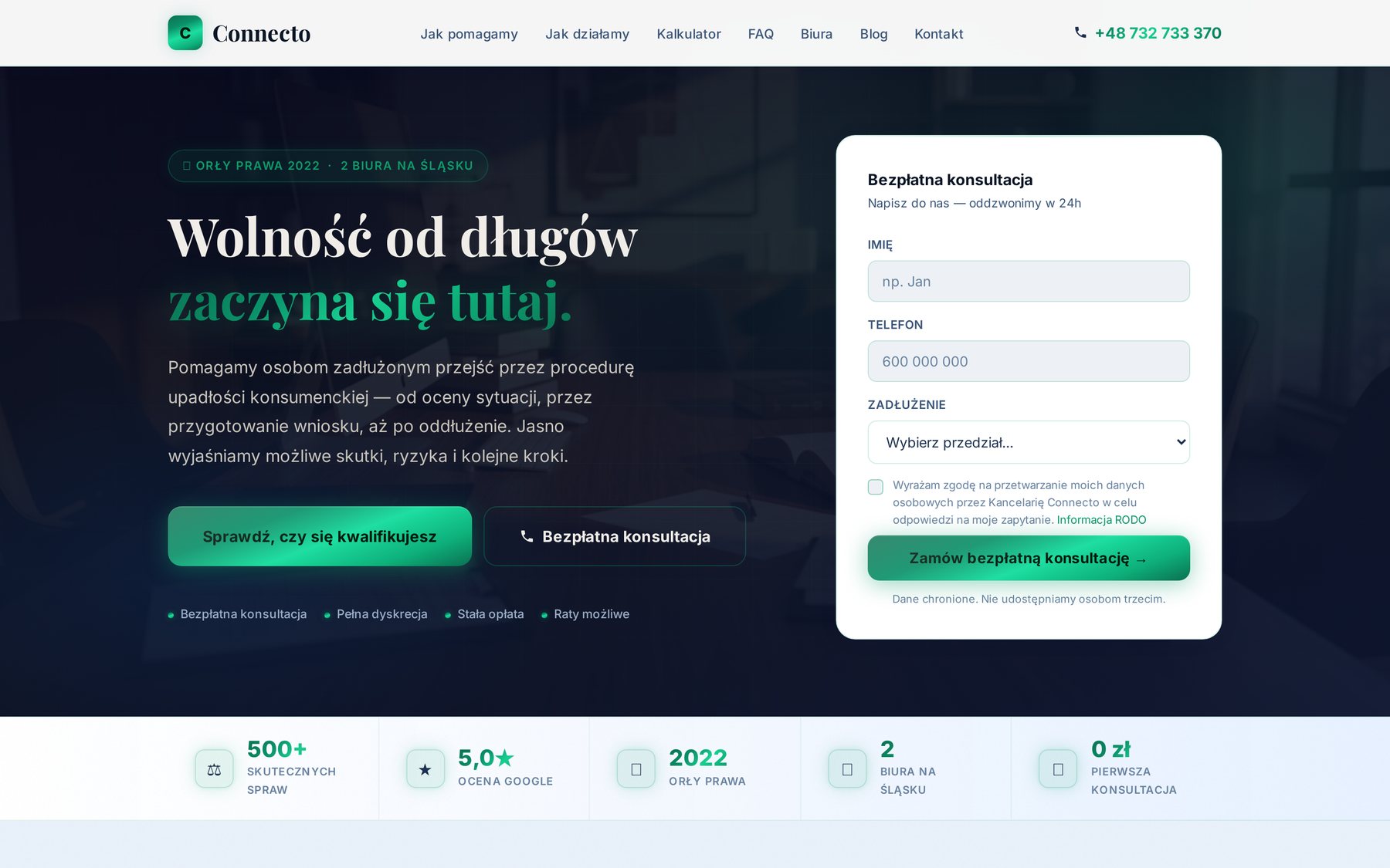 Strona główna Connecto — sekcja hero z formularzem konsultacji