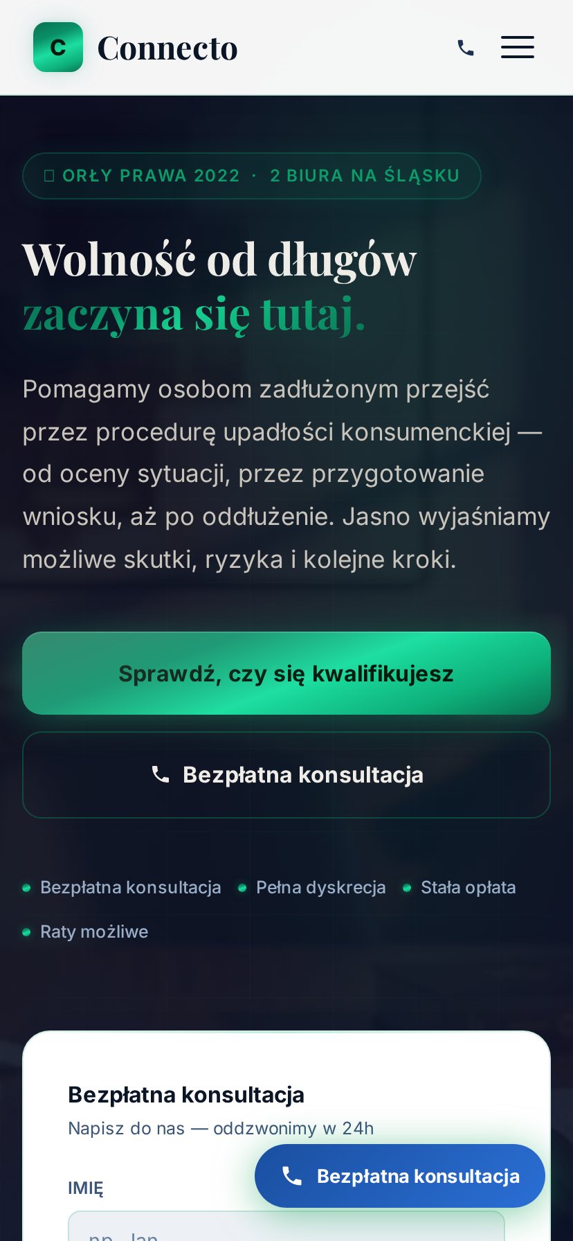 Widok mobilny strony głównej Connecto