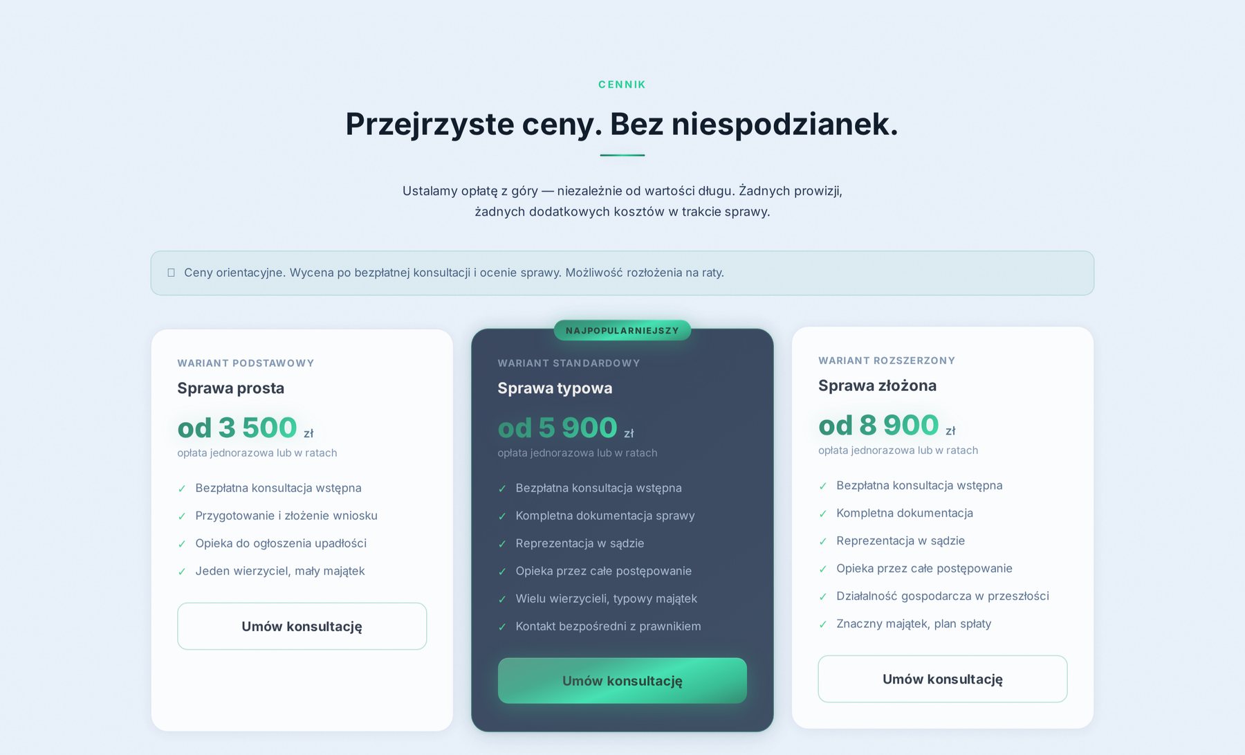Sekcja cennika z trzema wariantami obsługi