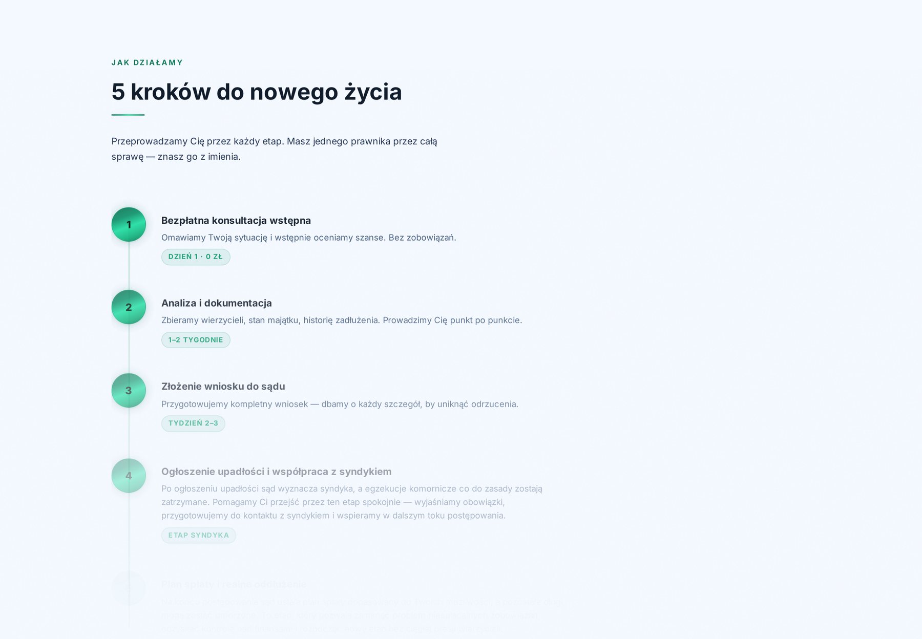 Sekcja '5 kroków do nowego życia' — linia czasu procesu upadłości